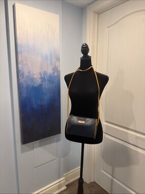 Esprit Faux Leather Crossbody Bag in Navy with Tan Trim - Designer Plaque